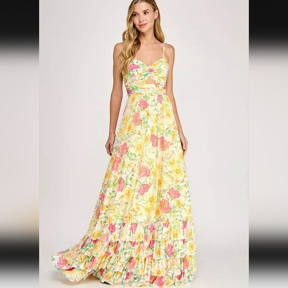 Floral Maxi Dress in Yellow and Pink